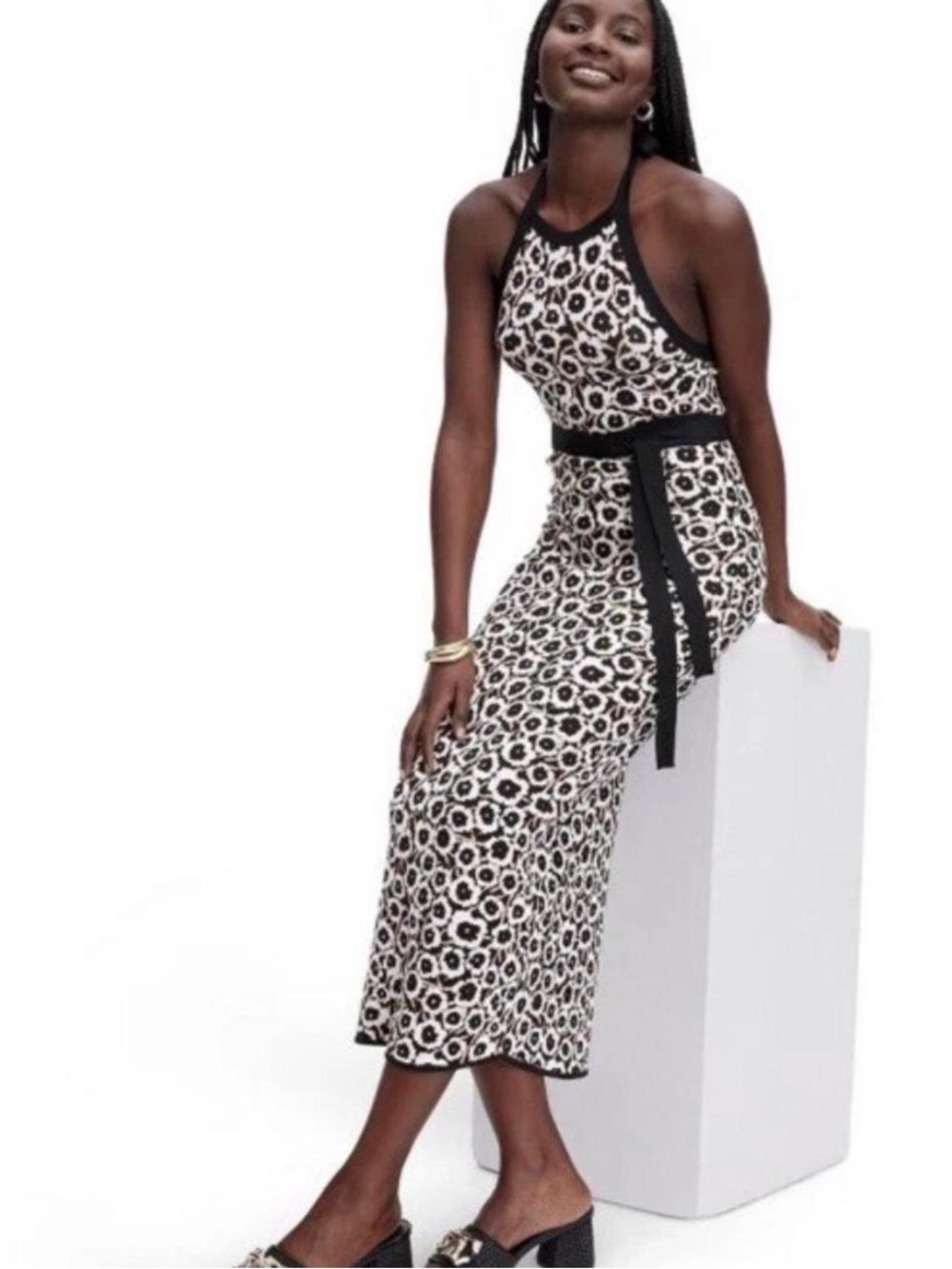 Diane Von Furstenberg Black and White Floral Halter Midi Dress